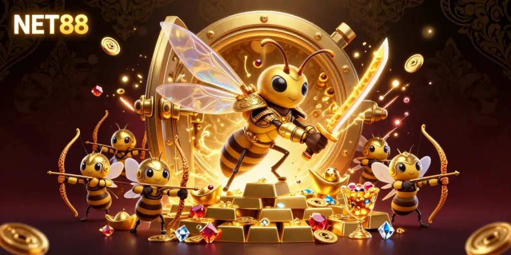 Experience thrilling gameplay with NET88 in a vibrant 3D casino scene filled with treasure and excitement.