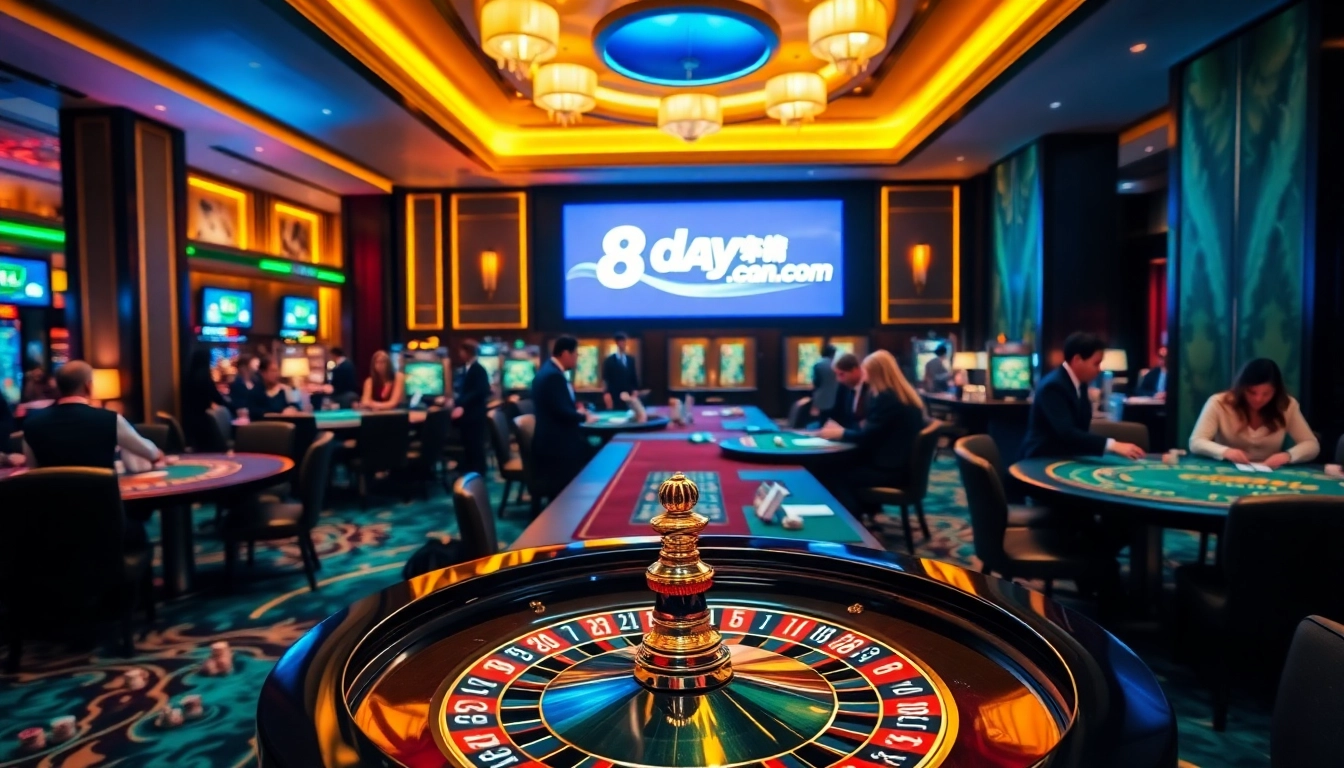 Experience excitement at 8day.cn.com with luxurious casino gaming, roulette wheels, and vibrant poker tables.