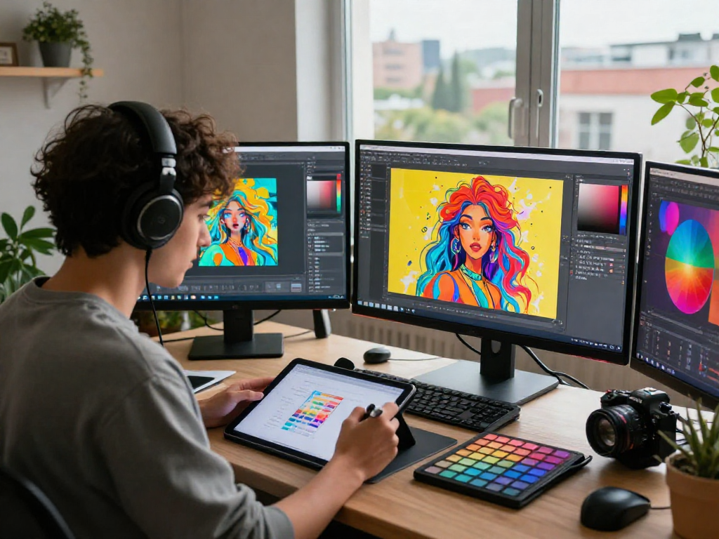 Creating vibrant ai nsfw art in a modern digital studio with ambient lighting and multiple screens displaying artwork.