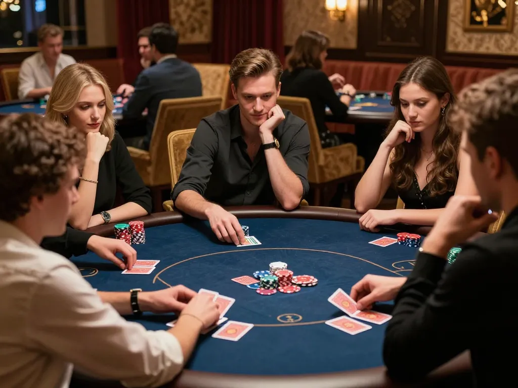 Rikvip players strategizing at an exciting poker table in a luxurious casino setting.