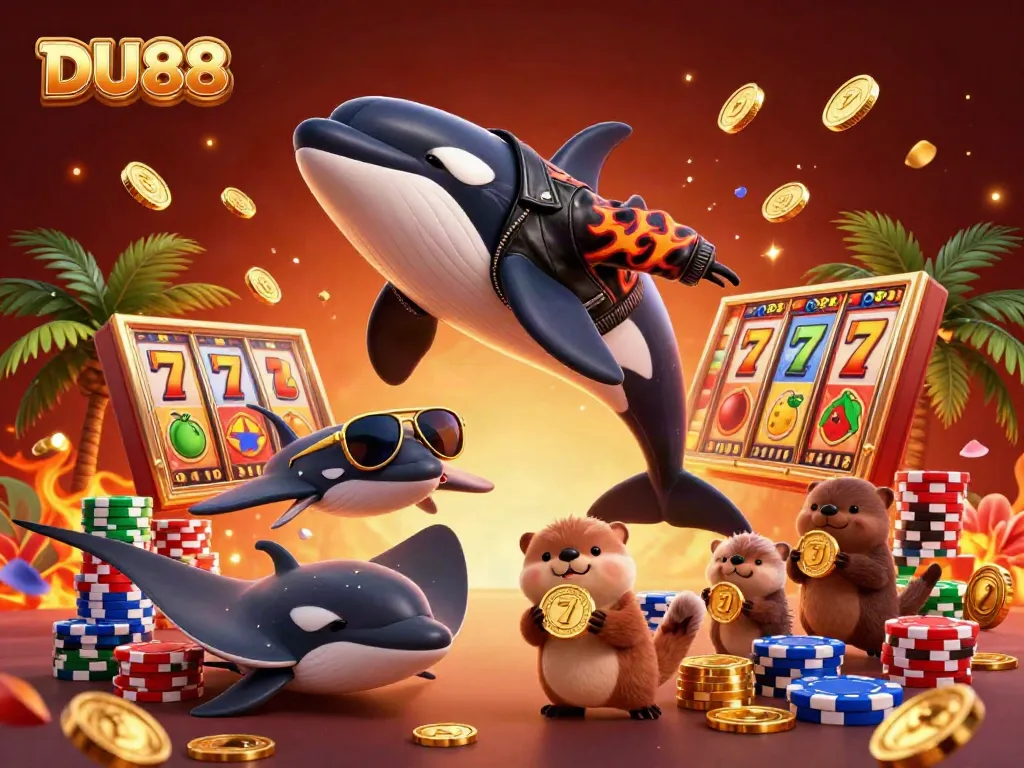 Experience the exciting gameplay at DU88 with orca and otters celebrating jackpot wins amidst vibrant casino elements.