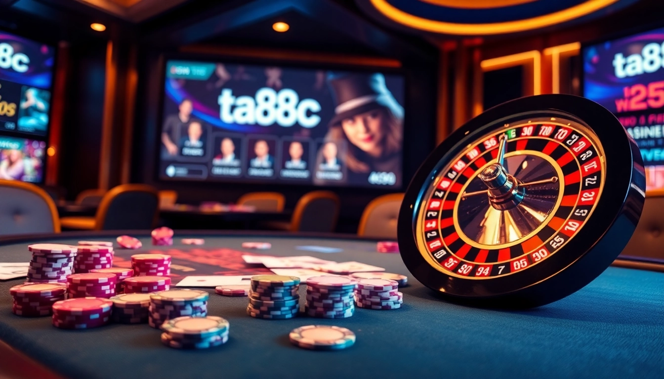 Experience the excitement of online gambling with ta88c's vibrant poker setup and casino atmosphere.