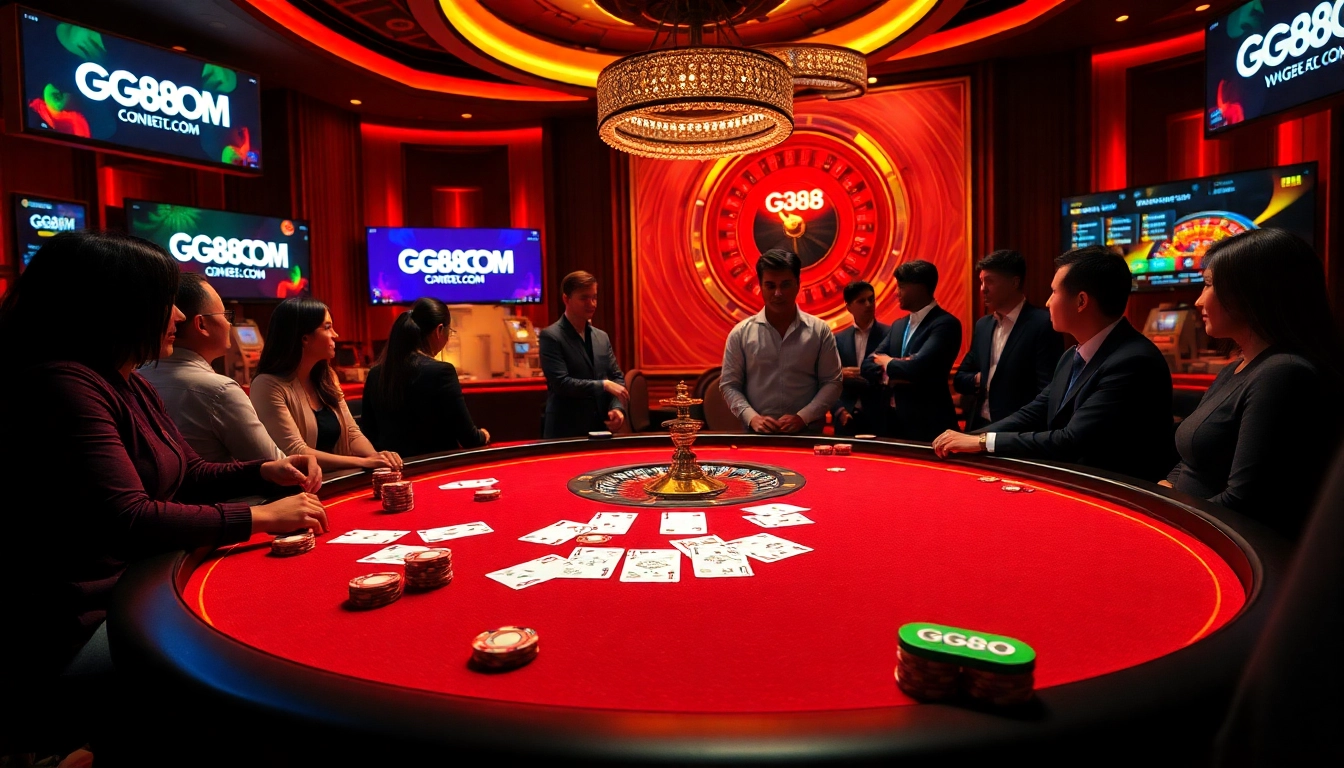 Experience the excitement of GG88.COM with vibrant poker action at a luxury casino table.