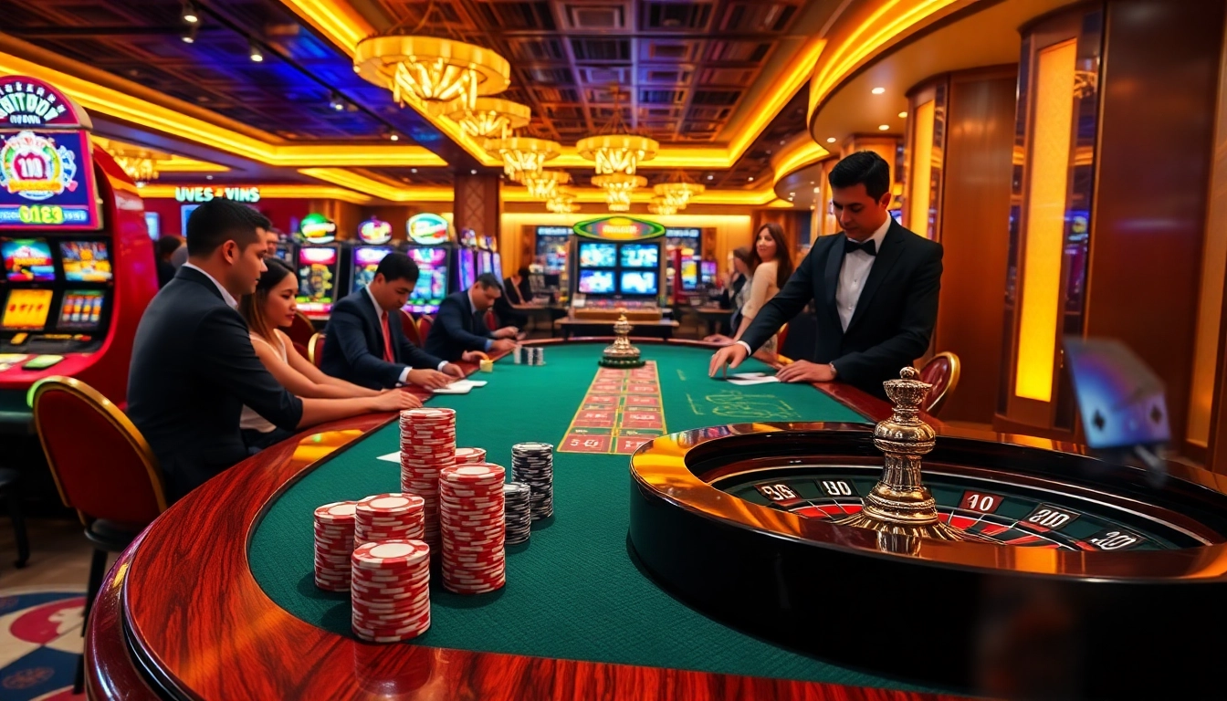 Exciting UU88 casino gaming scene with players at a poker table and vibrant slot machines.