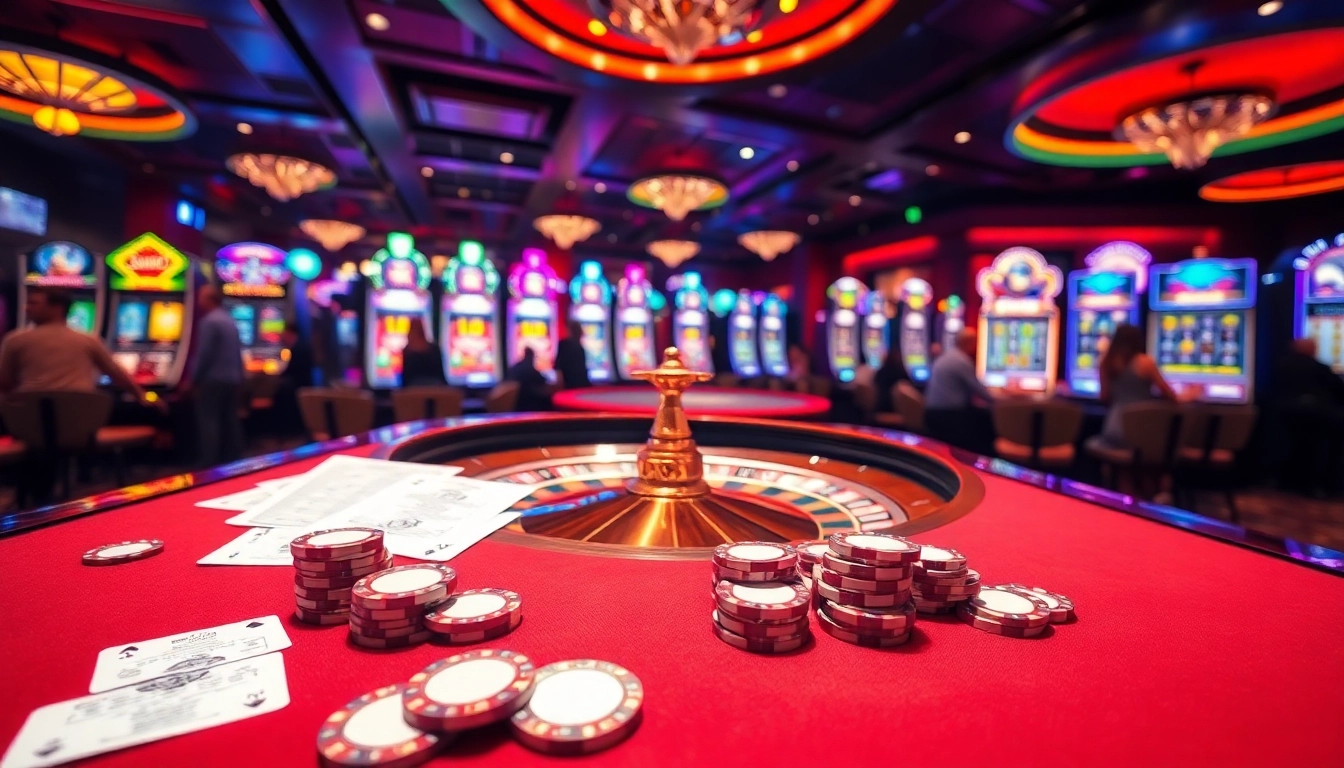 Players enjoying a thrilling game at abc8.lol casino, highlighted by vibrant roulette and slot machines.