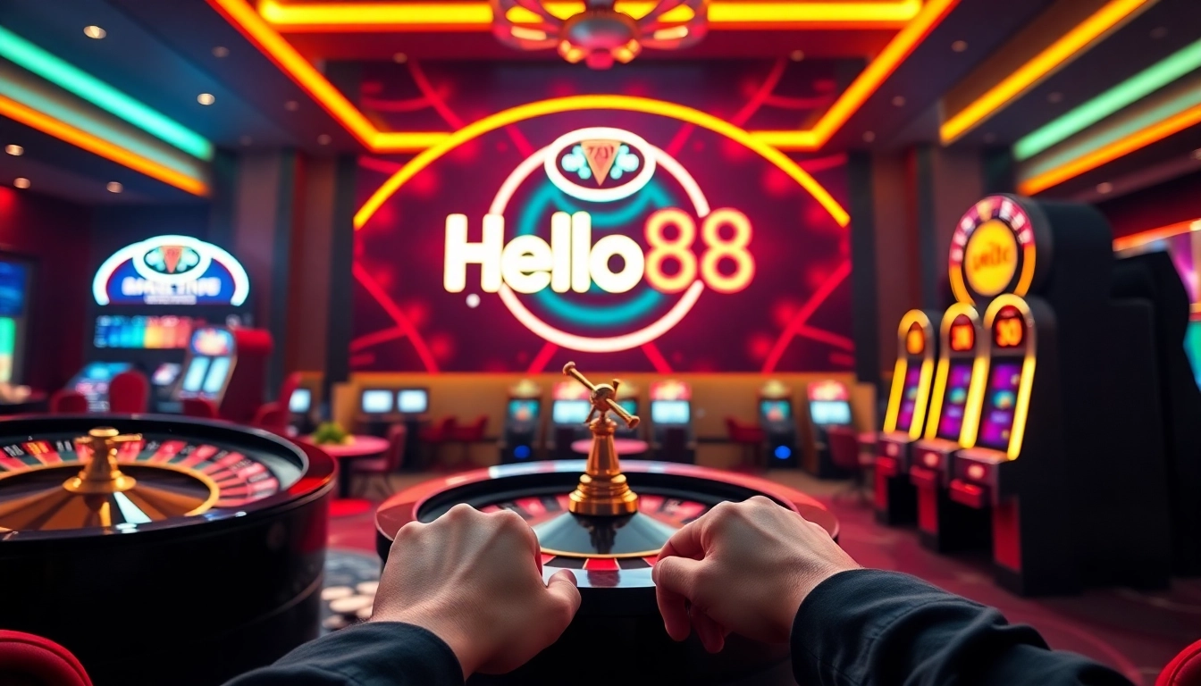 Experience thrilling gaming action at Hello88 with poker chips and roulette wheels in an elegant setting.