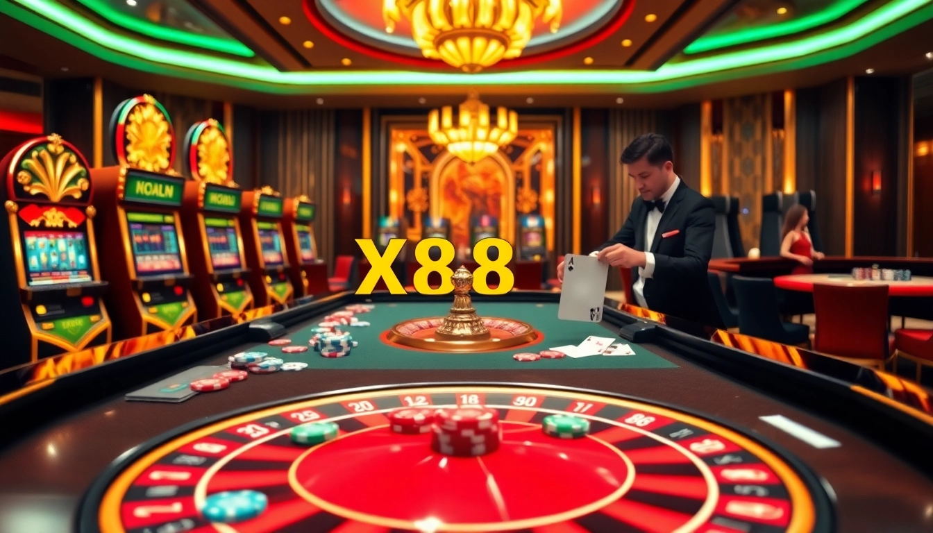 Experience excitement at https://xx88.promo/ with a lively casino scene featuring roulette and slot machines.