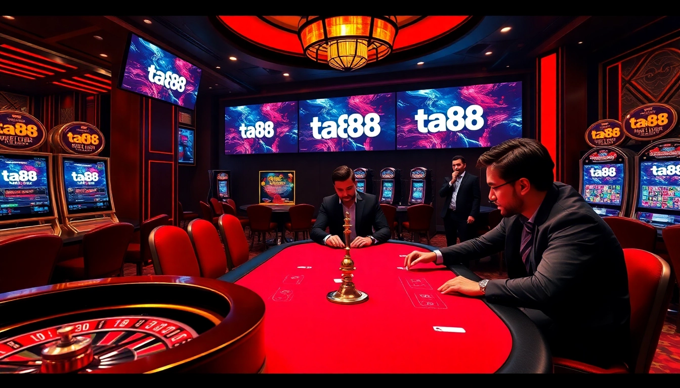 ta88 vibrant online casino scene featuring poker chips, roulette wheel, and engaging players