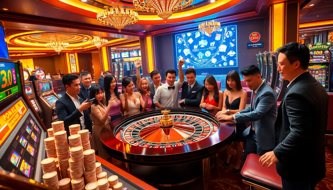 Experience excitement at Trang Chủ QQ88 with players engaged in a vibrant casino scene featuring roulette and slot machines.