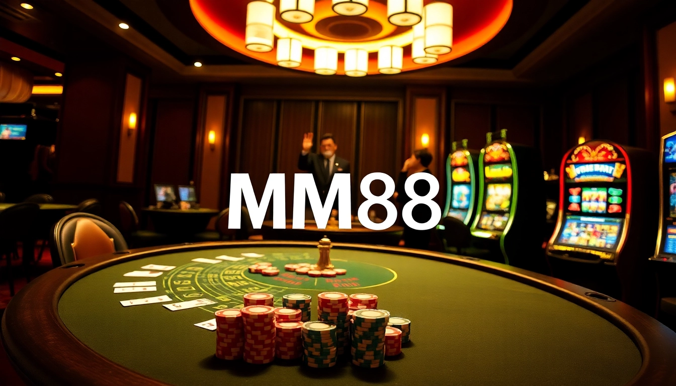 Exciting MM88 casino scene featuring poker chips, colorful slot machines, and vibrant gaming atmosphere.