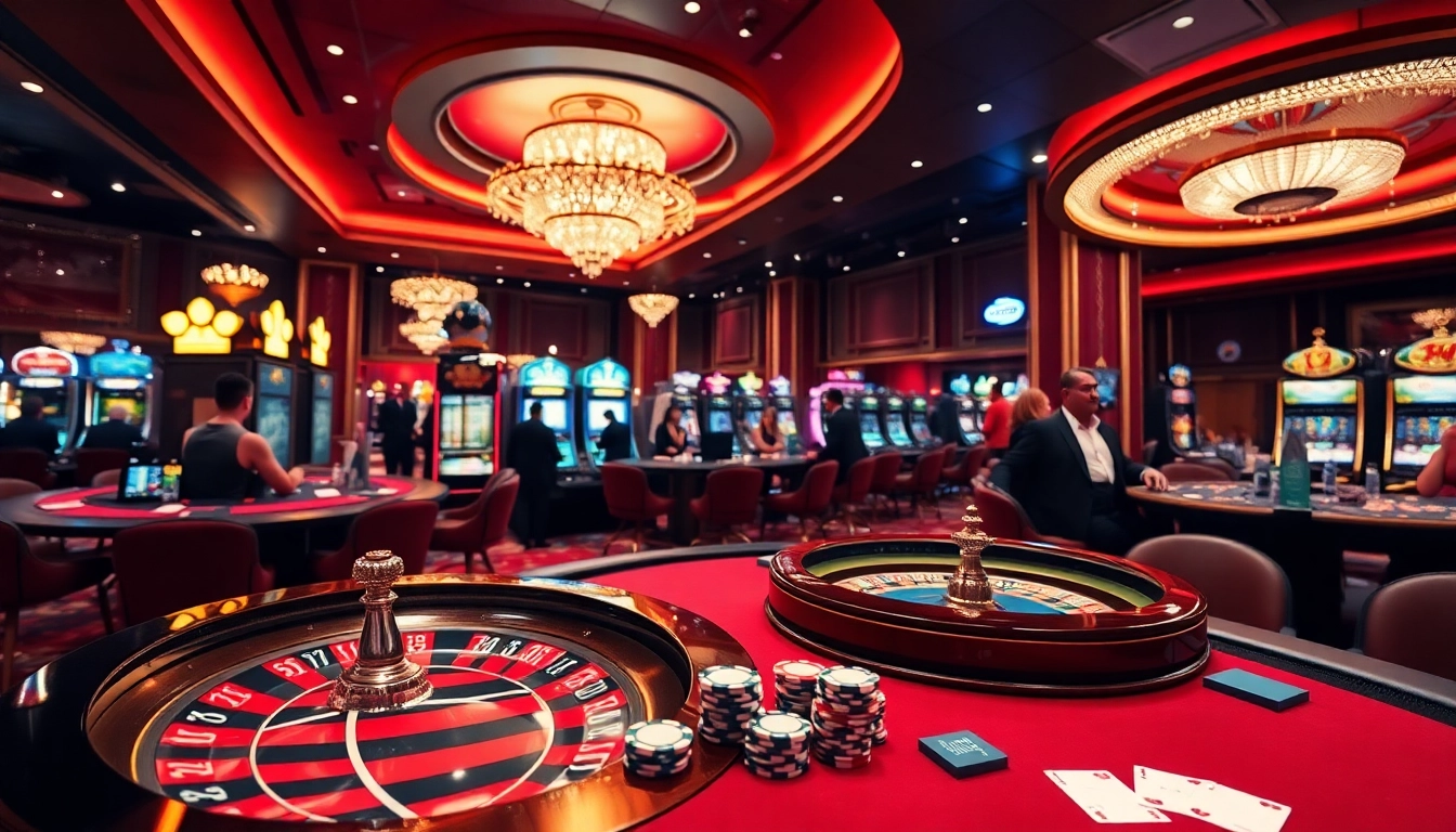 Experience thrilling casino action at RR88 with vibrant tables and roulette wheels.
