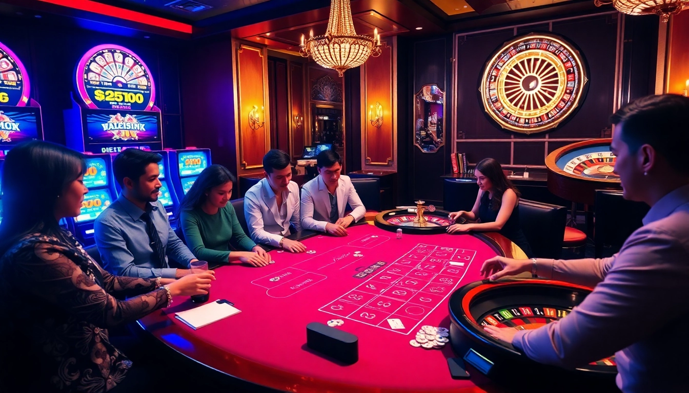 Experience thrilling games at max88 vin's luxurious casino setting, featuring excited players and vibrant slot machines.