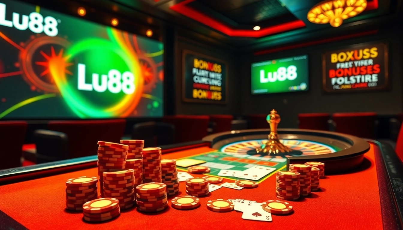 Experience thrilling gameplay at Lu88 casino with vibrant tables, cards, and colorful chips.