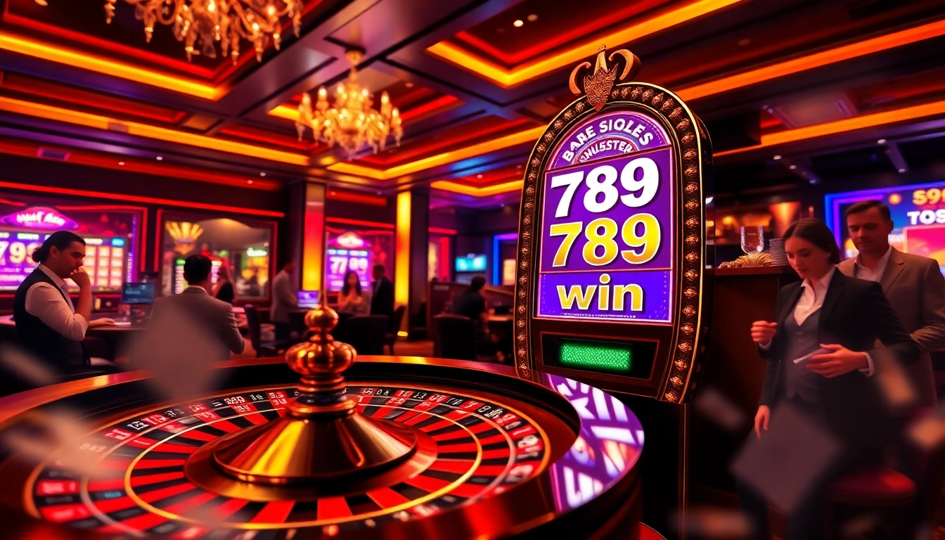 Engaging casino scene showcasing vibrant slot machines and a roulette table, emphasizing 789 win.