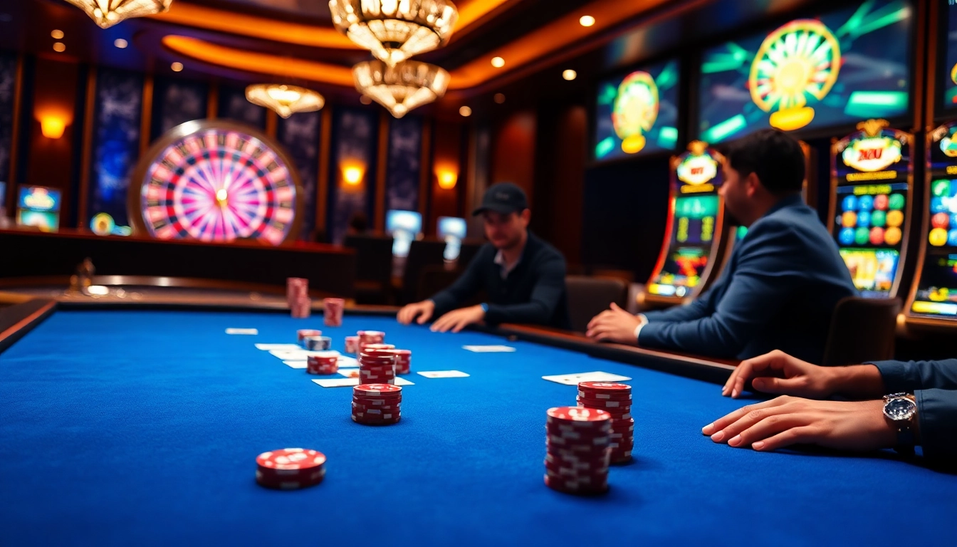 RR88 casino scene featuring poker chips and vibrant slot machines, illustrating gambling excitement.