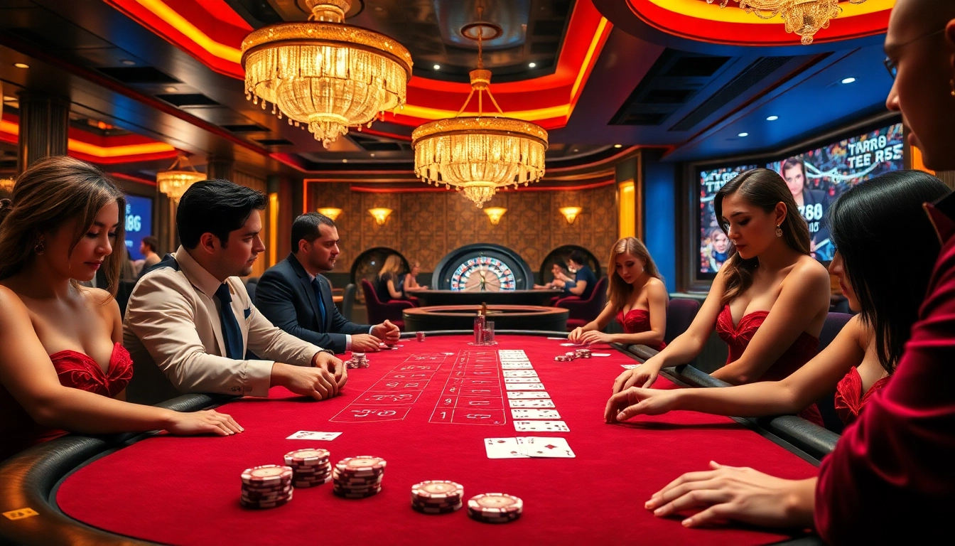 Players enjoying a high-stakes blackjack game at TT88 Casino, featuring vibrant poker chips and cards.
