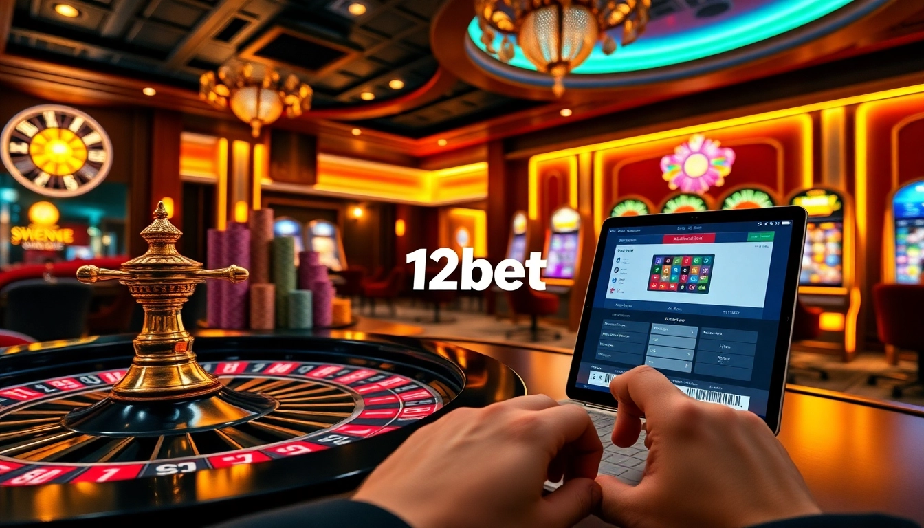 Experience the excitement of betting at 12bet with vibrant casino visuals and gambling elements.