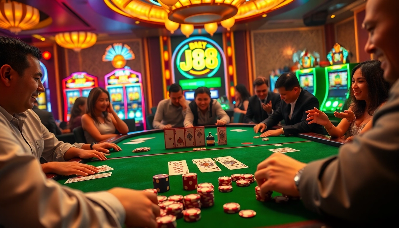 Players enjoying the j88-themed casino experience with vibrant tables and chips.