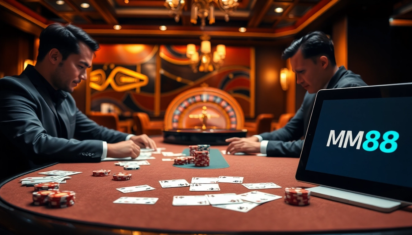 Engaging casino scene featuring gamblers strategizing at a poker table with the MM88 logo.