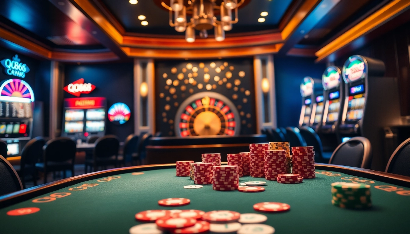 Experience the excitement of QQ888 at a vibrant casino with poker tables and roulette wheels.