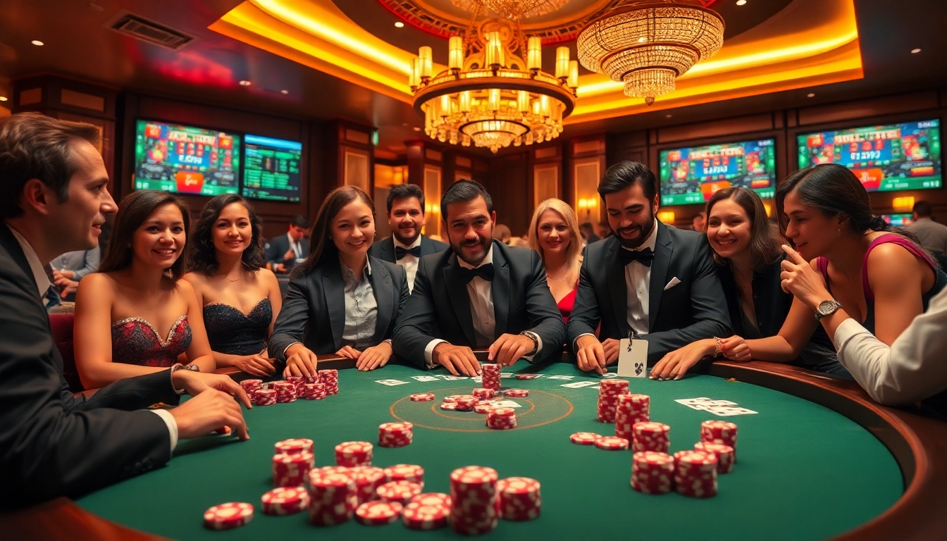 Gamblers enjoying a high-stakes poker game at a vibrant vsbet3 net casino, showcasing excitement and strategy.