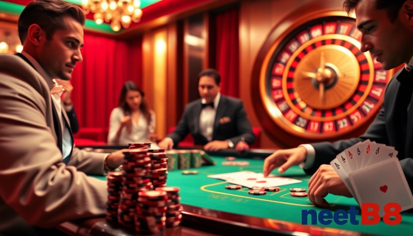 Players engage in an exciting poker game at net88 casino, showcasing luxury and strategy in action.