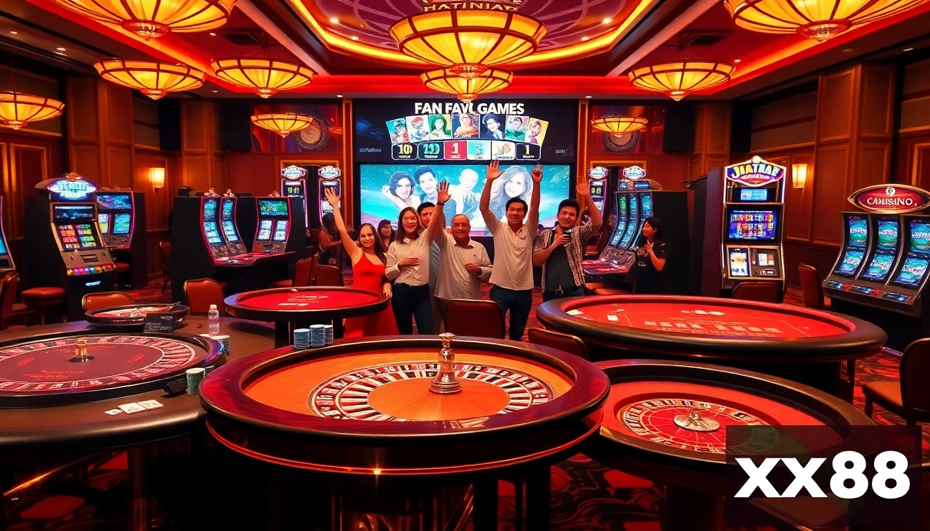 Players enjoying games at Nhà cái xx88 casino with vibrant tables and slot machines.