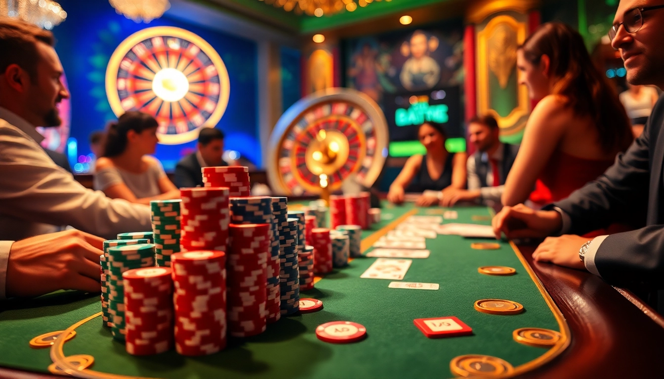 Engaged players at a poker table, showcasing the excitement of gameplay at https://king88b.us.com/ with colorful chips and cards.