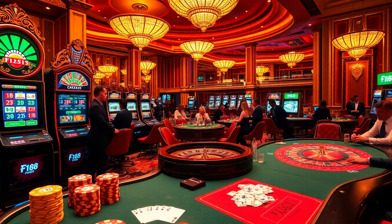 F168 players enjoying vibrant casino excitement at luxurious gaming tables.