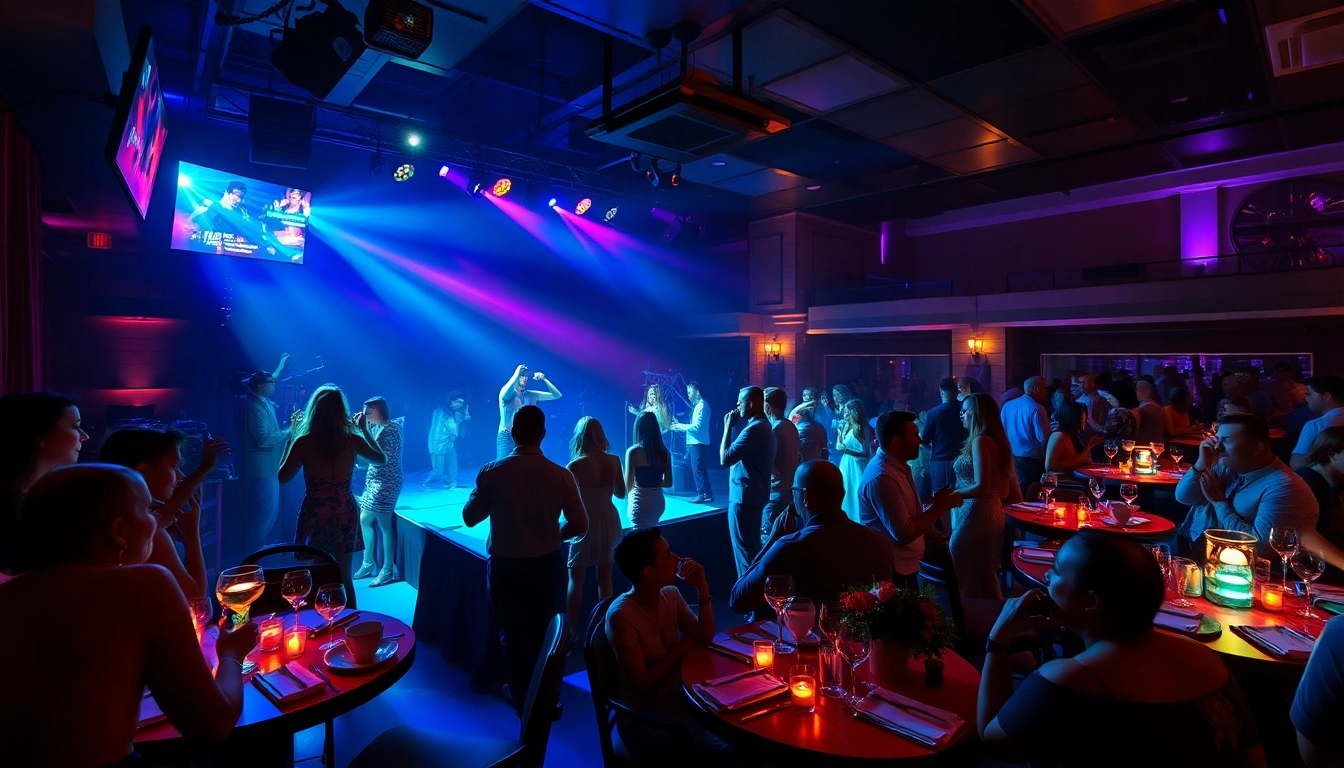 Exciting nightlife at Club SXM with vibrant dancers and elegant cocktails.