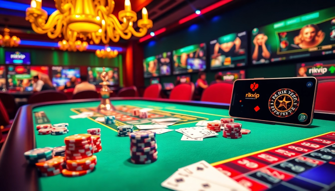 Engaged players enjoying exciting games on the rikvip online gambling platform at a luxury casino table.