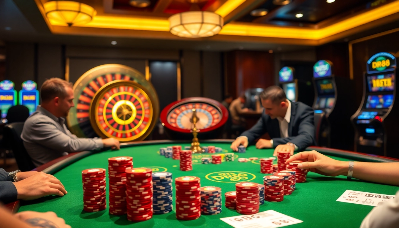 Players engaging in high-stakes poker at DR88's vibrant casino, highlighting thrilling chip stacks and roulette.