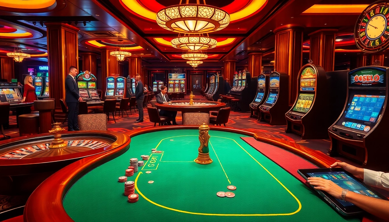 Engage with thrilling games at OK365 com in a luxurious casino atmosphere featuring poker, roulette, and slot machines.