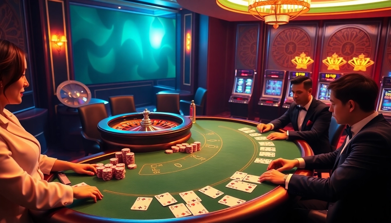 Hello88 gaming scene featuring an elegant blackjack table and vibrant slot machines, capturing excitement.