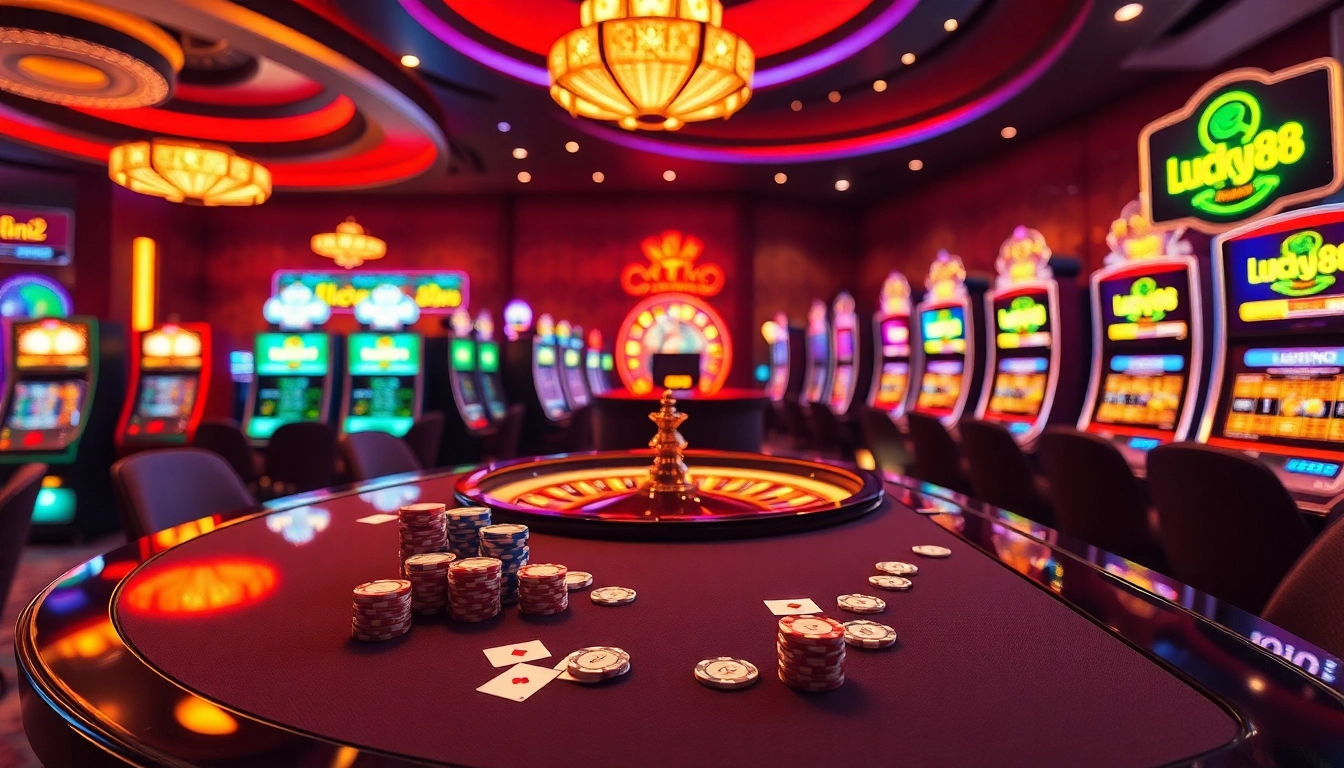 Engaging scene of a high-stakes gambling atmosphere at lucky88 casino with poker chips, cards, and slot machines.
