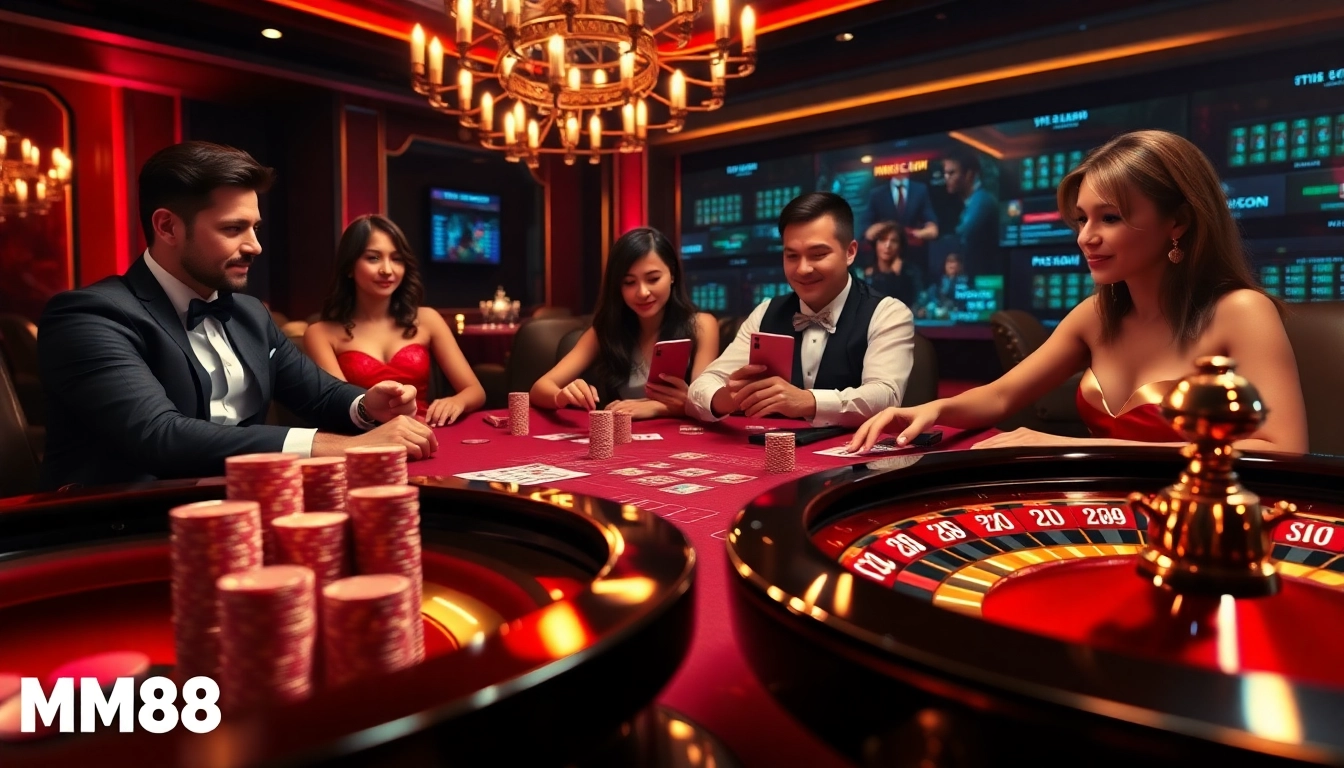 Engage in thrilling poker at MM88 with polished chips and a vibrant roulette wheel in a luxurious casino.