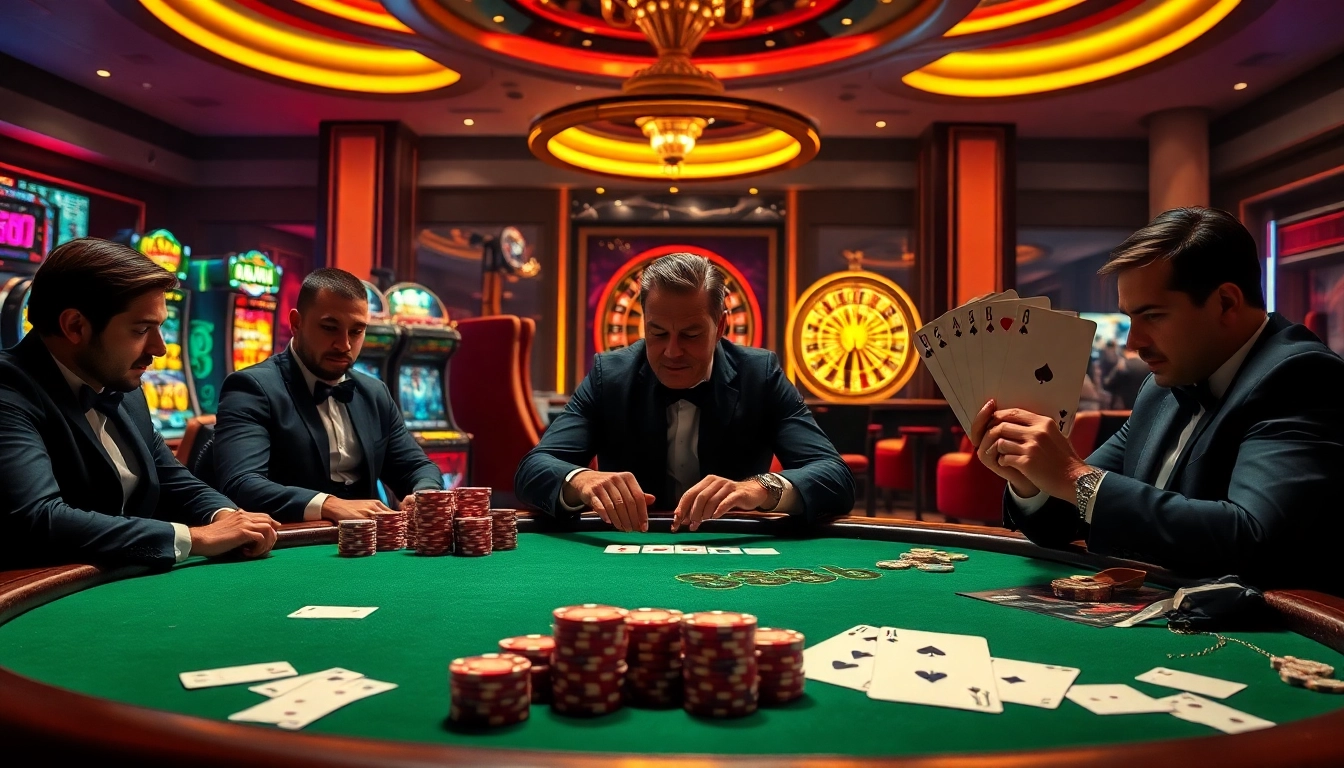 Professional gamblers strategizing in an exciting casino environment featuring 888b elements.