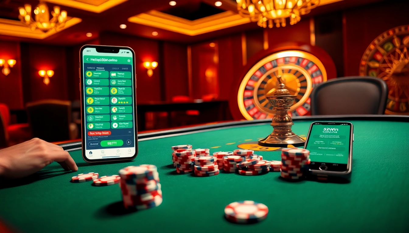 Engaging gamblers at the luxurious online casino experience with https://32win2025.online/ betting options and colorful poker chips.