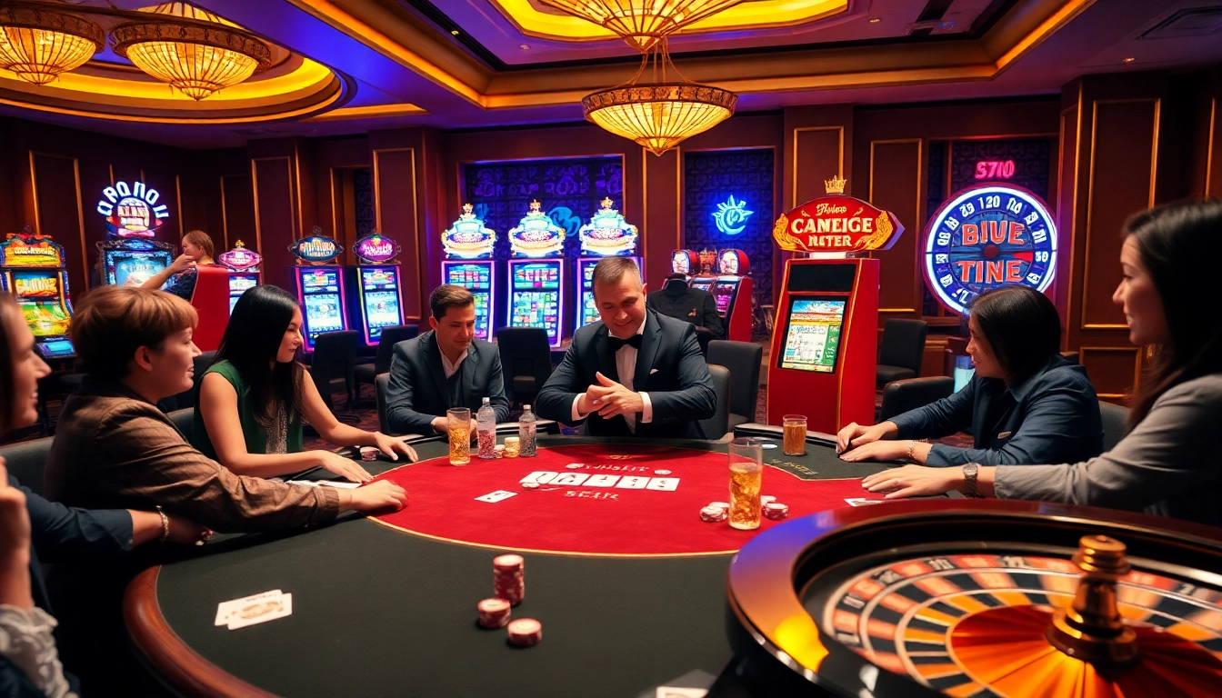 A lively BJ 888 poker table scene filled with enthusiastic players, luxury casino atmosphere, and vibrant slot machines.