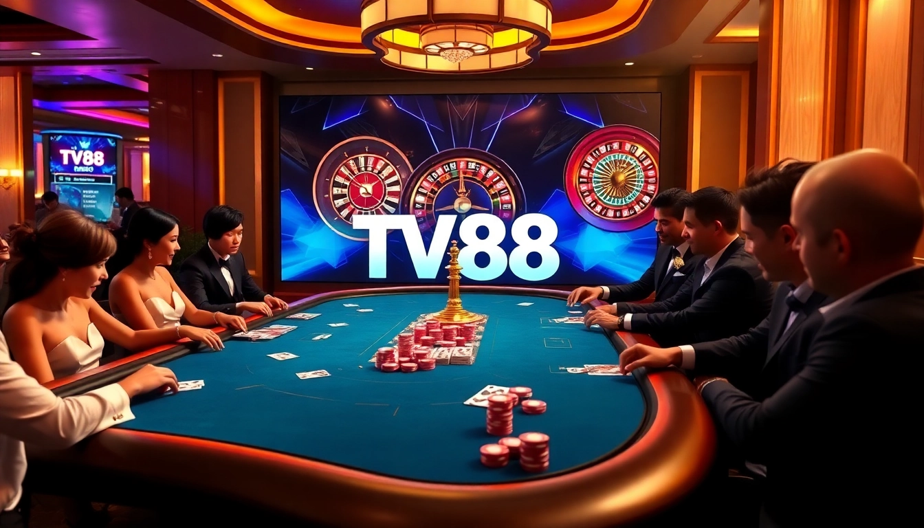 Players enjoying a thrilling poker game at TV88 casino, with colorful chips and cards on display.