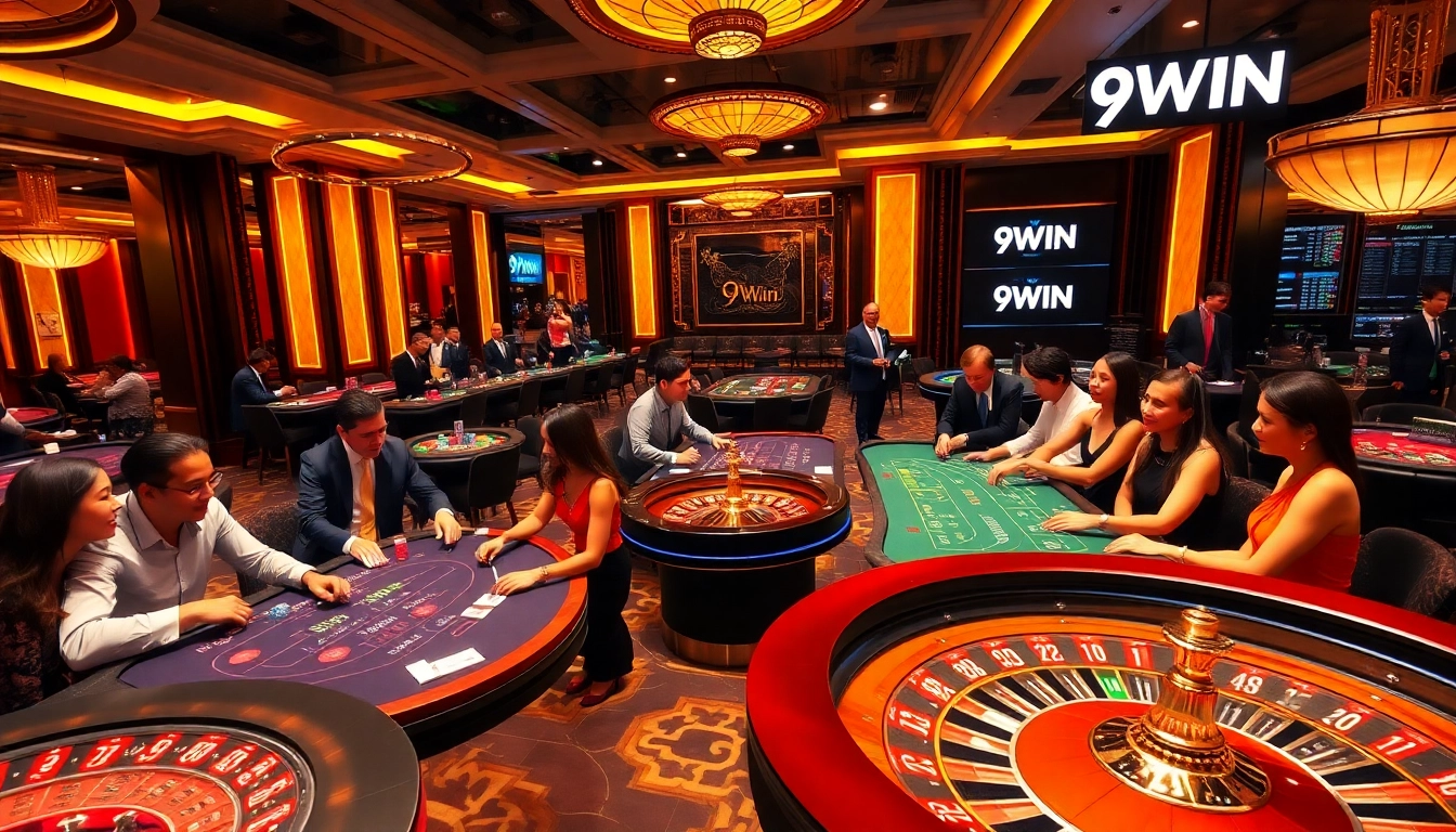Gambling enthusiasts enjoy thrilling games at a luxurious 9WIN casino atmosphere.