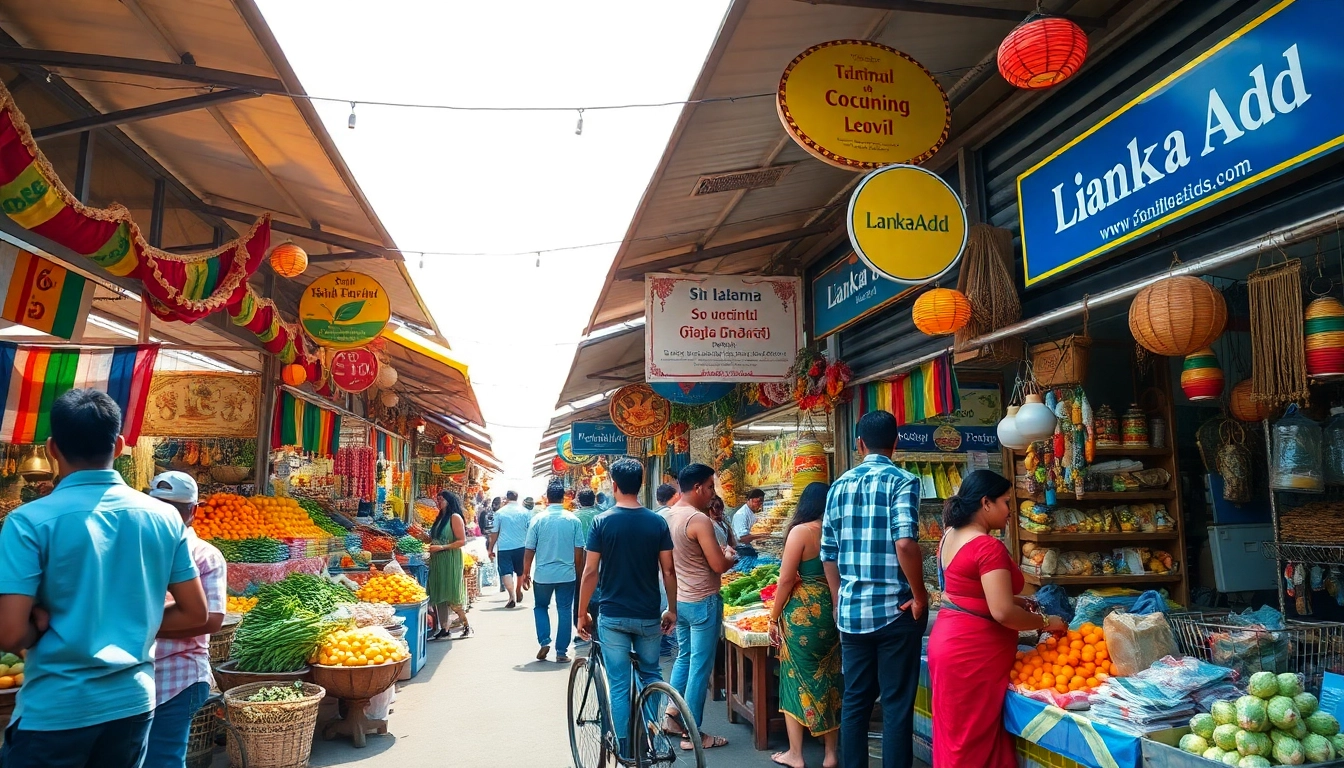 Lanka Add services showcased in a vibrant Sri Lankan outdoor market scene.