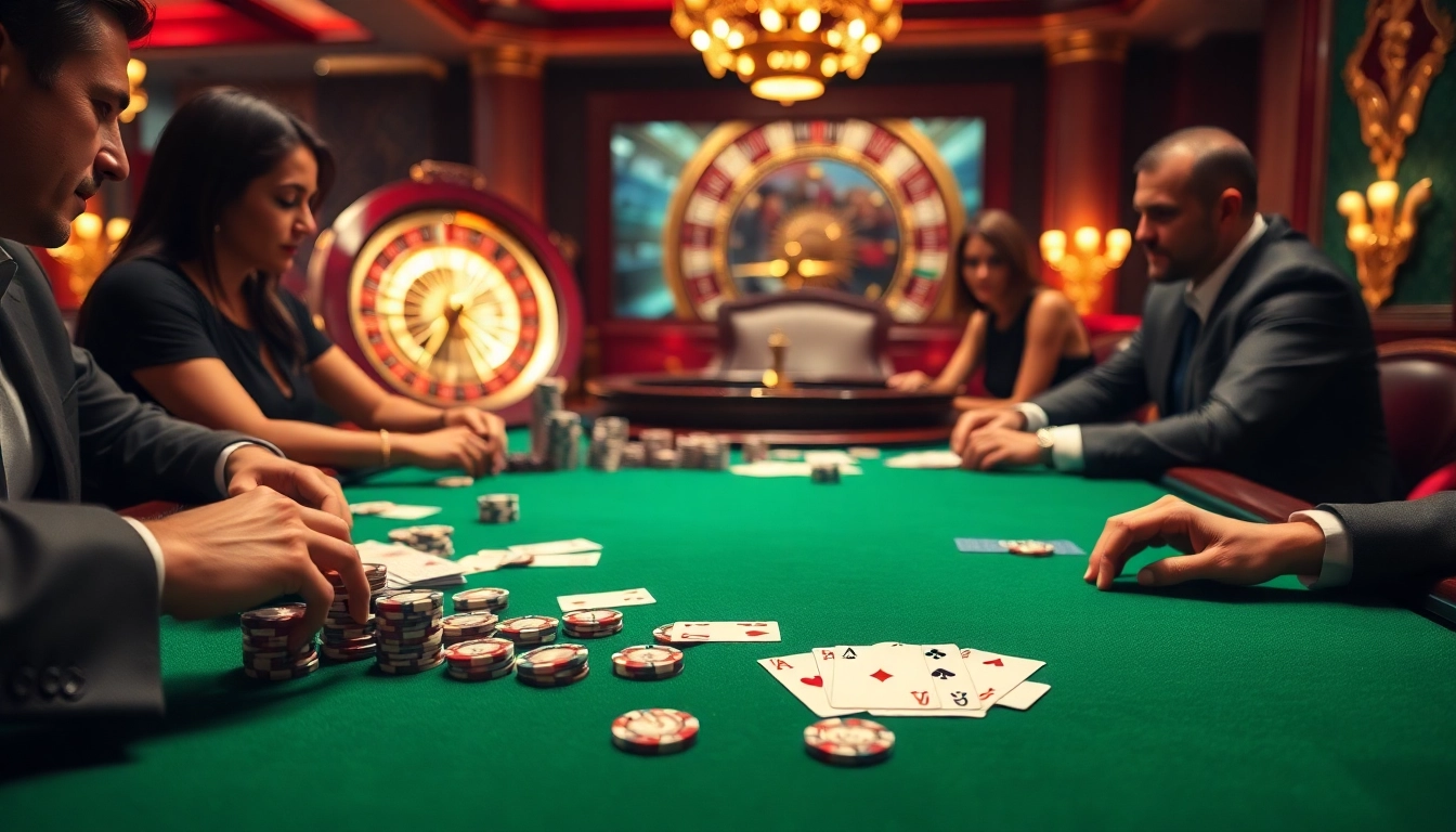 Players enjoying a poker game at https://99win1.us.com/, featuring vibrant tables and engaging atmosphere.