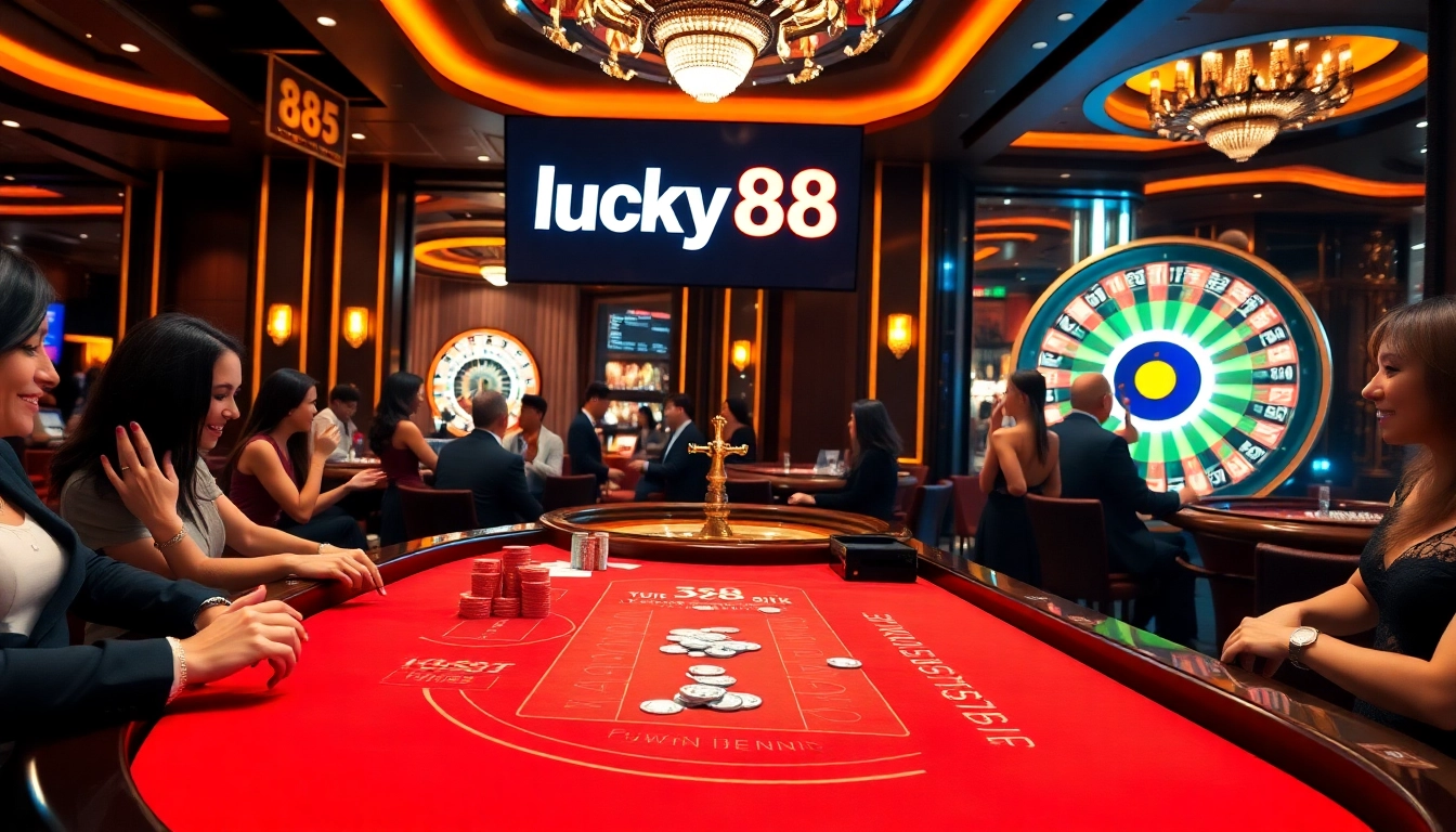 Players celebrating a win at lucky88 casino with chips and cards on the table.