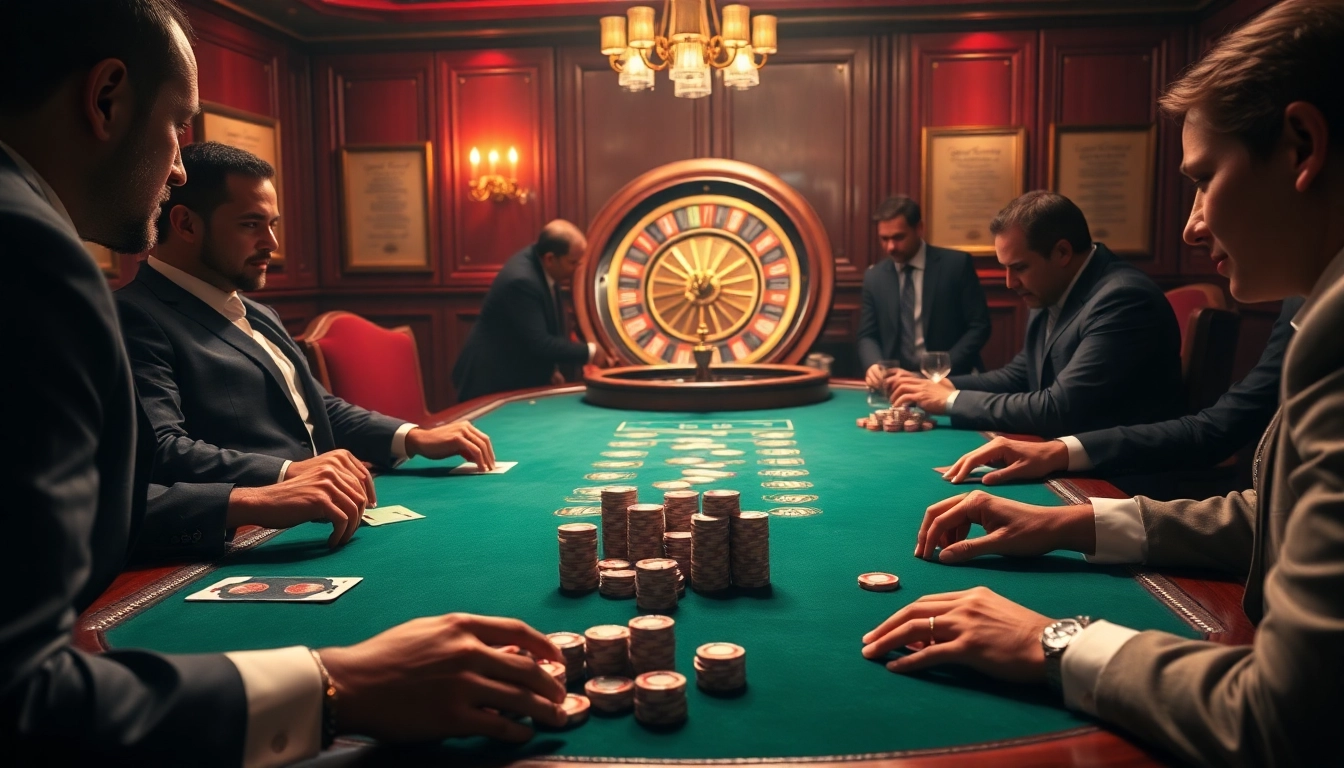 Players enjoying a thrilling poker game at an upscale casino, showcasing GO8 excellence in a luxurious setting.