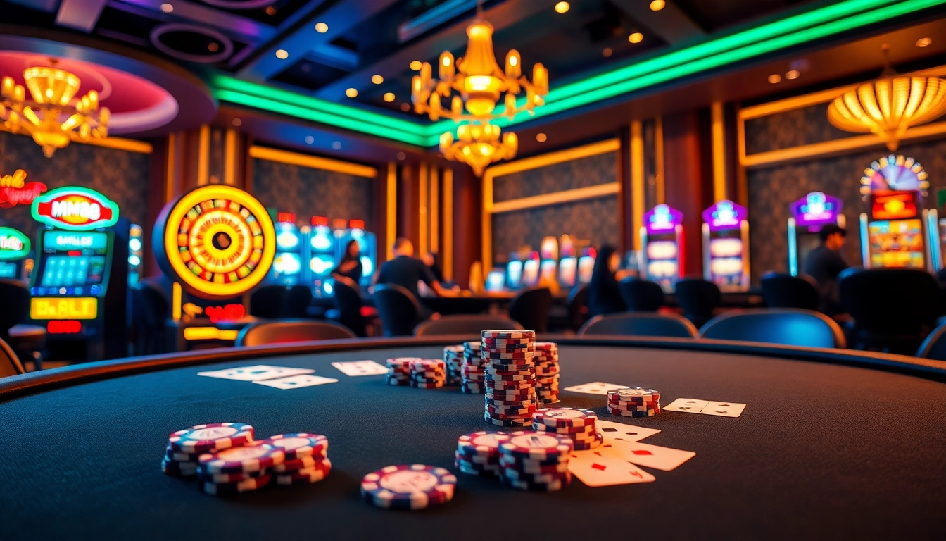 Experience the thrill of winning at MM88 with vibrant casino action featuring poker tables and roulette wheels.