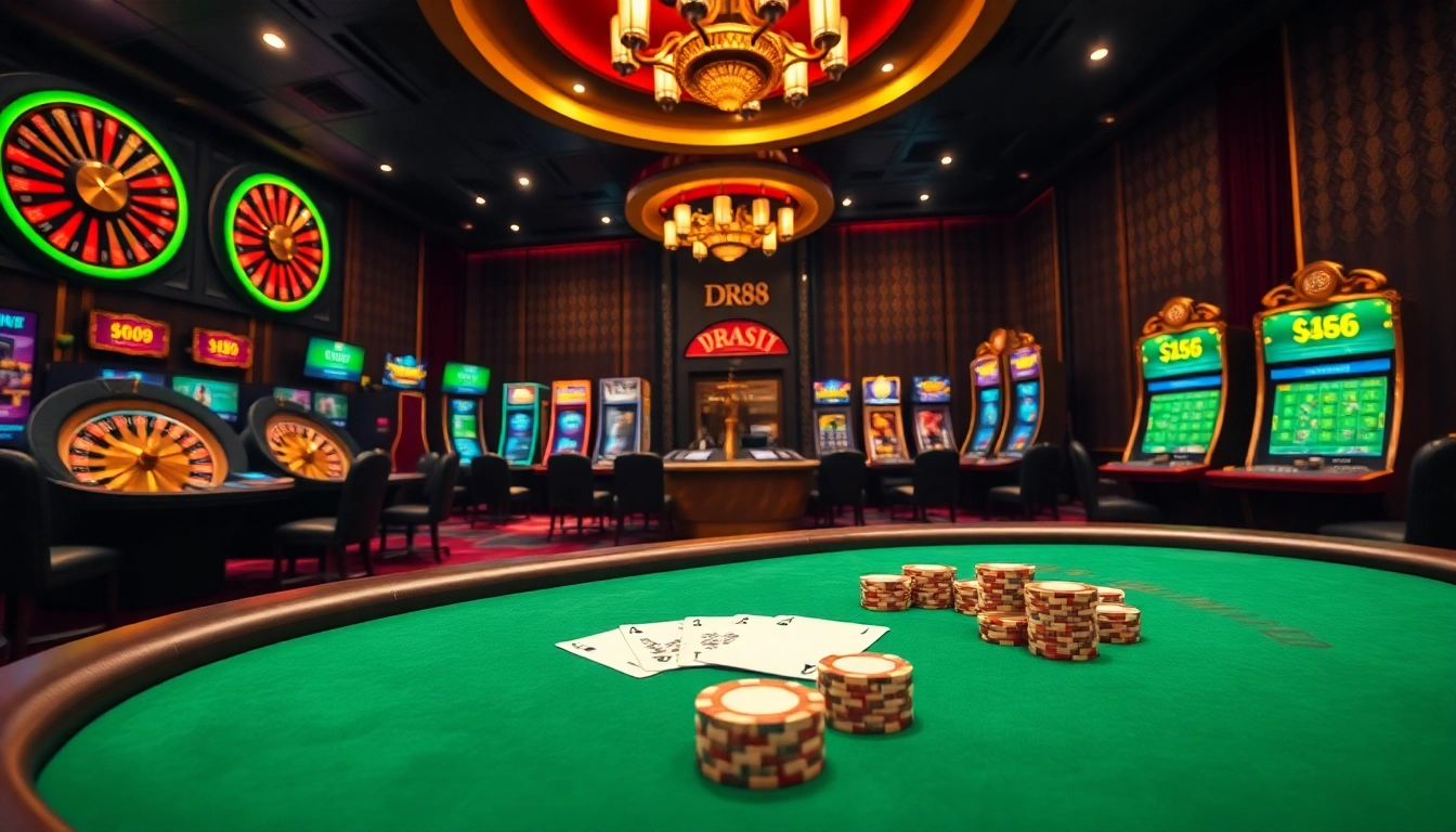 Experience the thrill of online gambling at DR88 with vibrant casino visuals and gaming excitement.