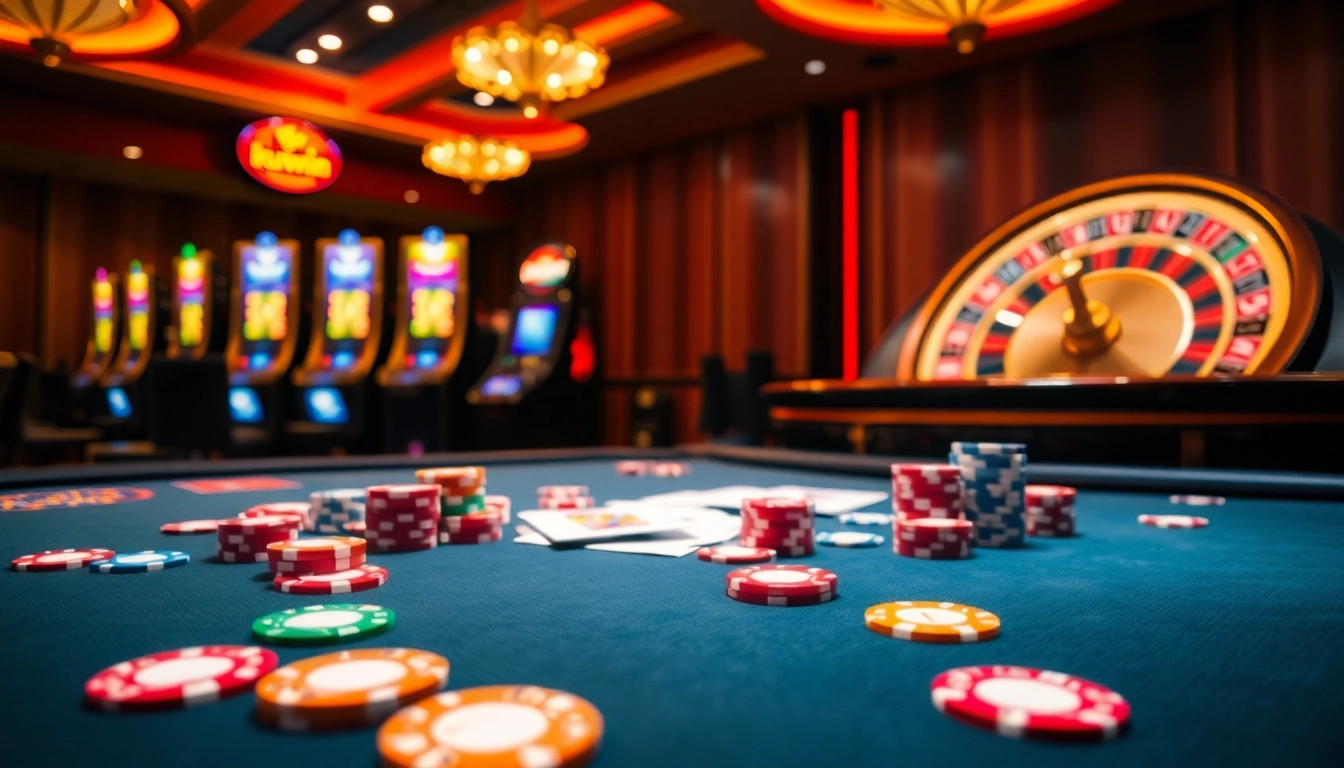 Kuwin's exciting casino atmosphere showcasing chips, cards, and a dynamic roulette wheel in action.