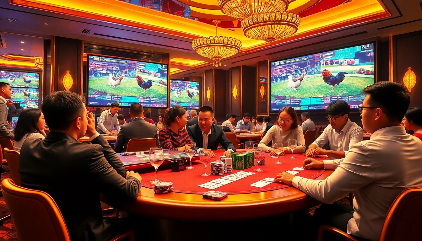 Engage in exciting betting at link vào SV388 with a vibrant online casino scene highlighting cockfighting events.