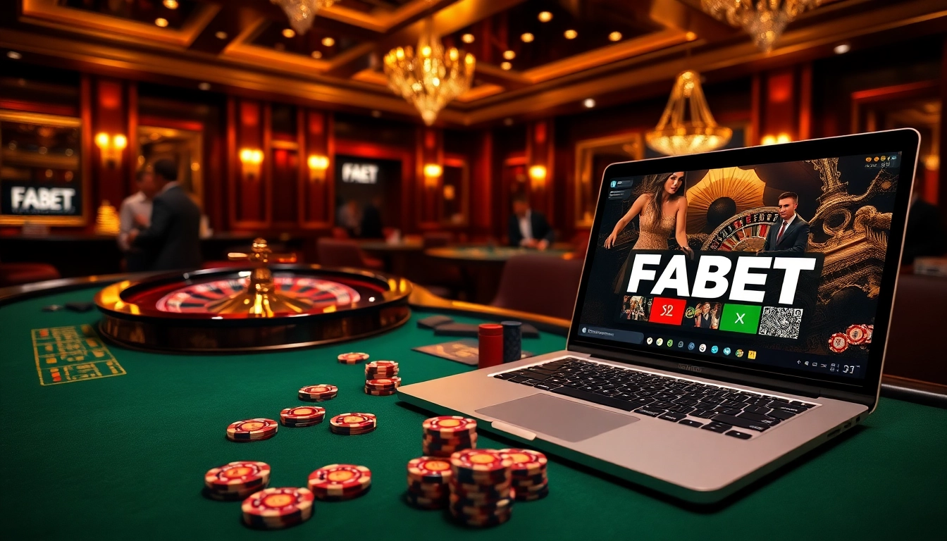 Experience top-tier gaming with FABET's interactive live dealer table in a vibrant casino setting.